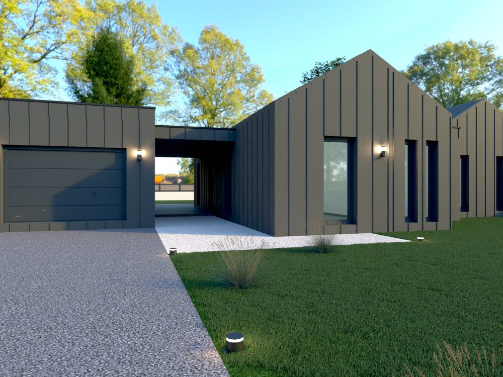 Maison conteneurs design, façade moderne avec garage intégré et volumes bardage métal.