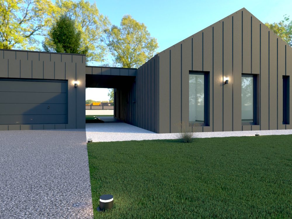 Maison conteneurs design, façade moderne avec garage et volumes bardage métal.
