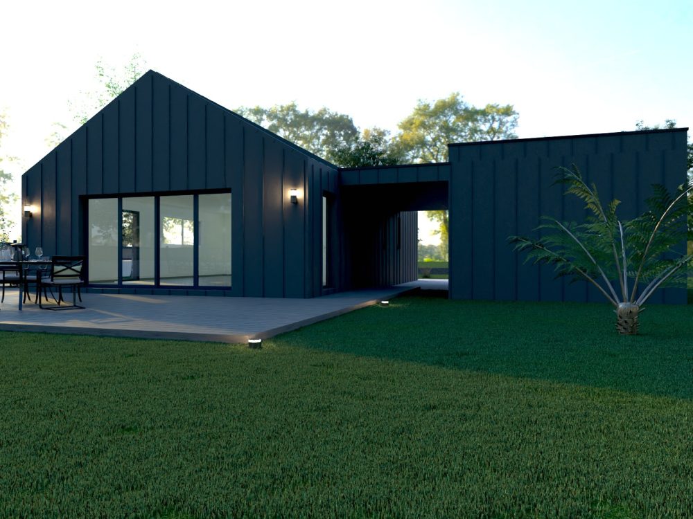Maison conteneurs design, grande baie vitrée sur terrasse et jardin.