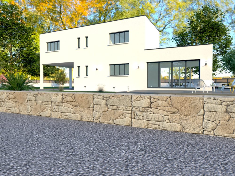 Maison conteneurs R+1 avec passage couvert, grandes ouvertures, ossature métallique légère.