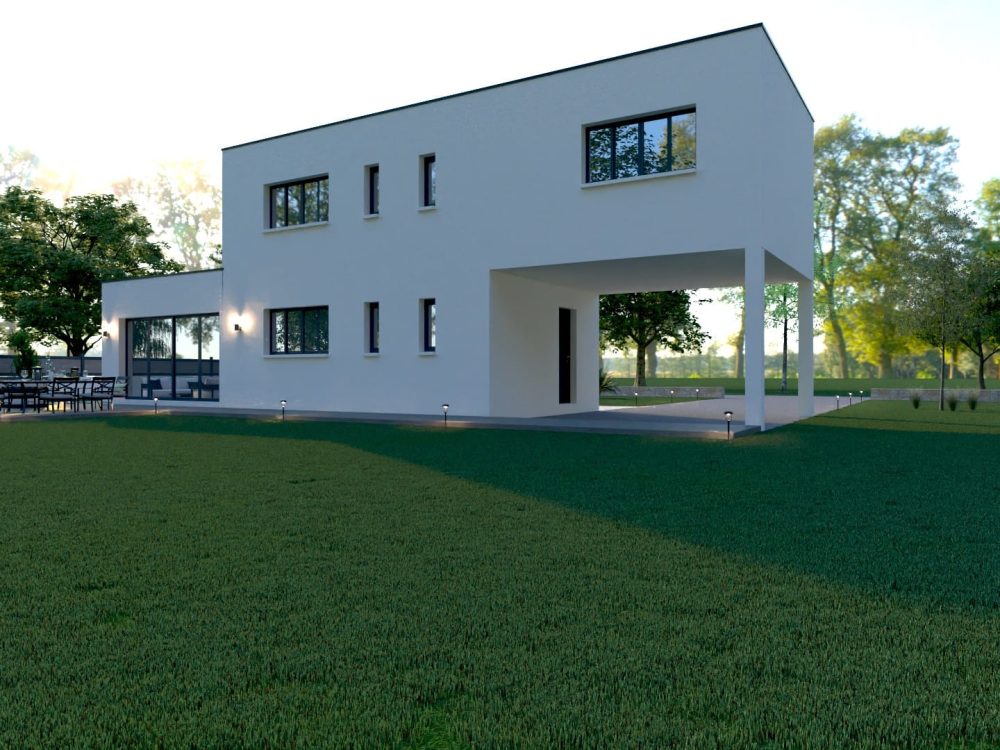 Maison conteneurs moderne R+1, grande baie vitrée sur terrasse, ossature métallique légère.