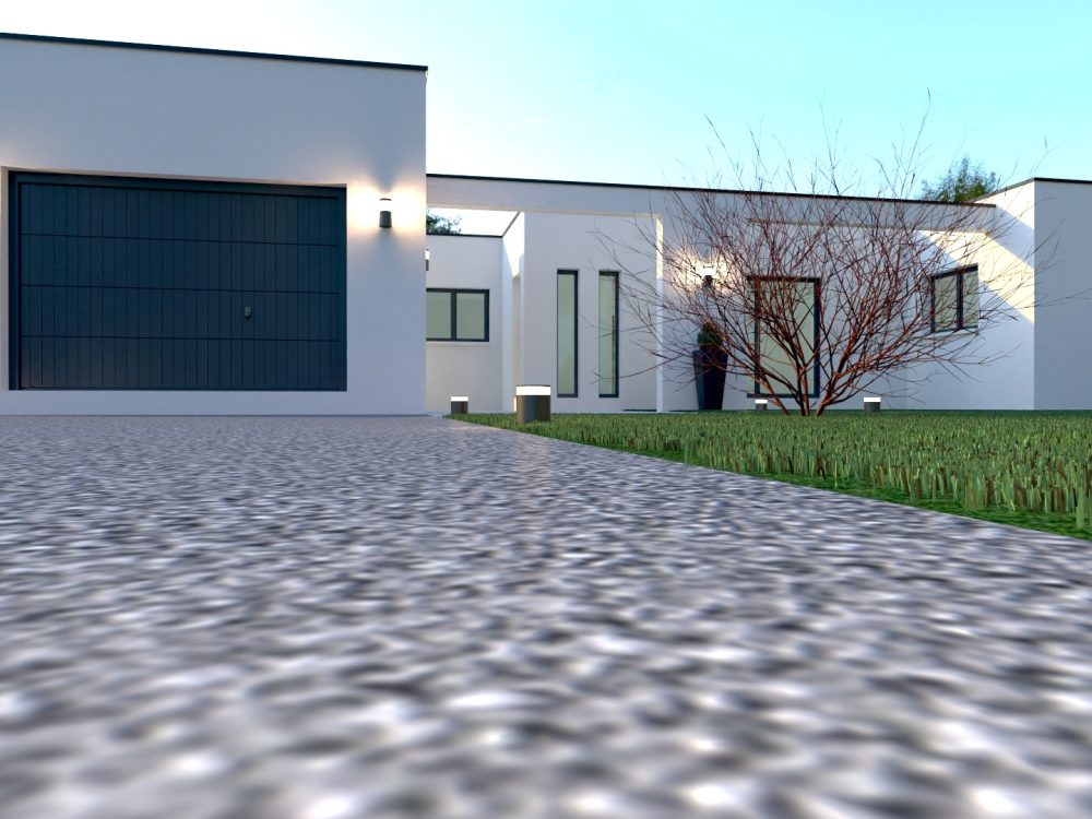 Maison conteneurs design 75 m², façade moderne avec garage et volumes blancs.