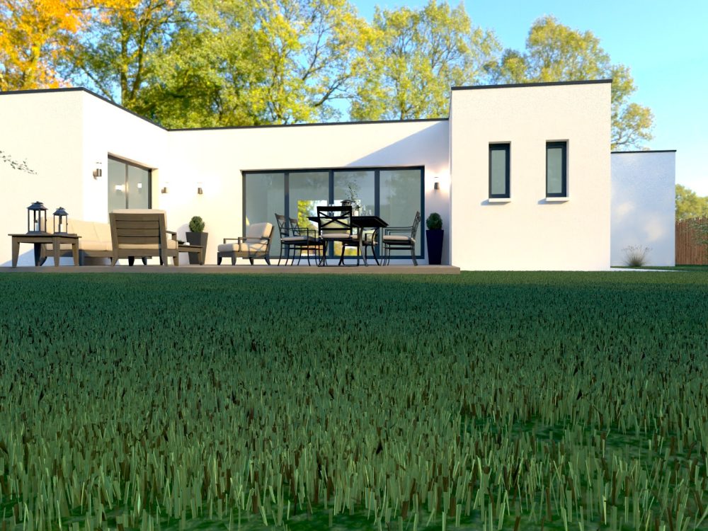 Maison conteneurs 75 m², grande baie vitrée sur terrasse et jardin.