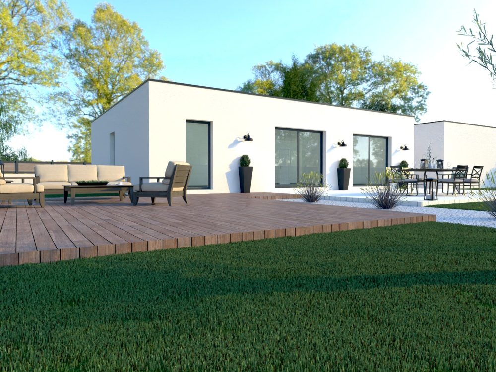 Maison conteneurs moderne, grande terrasse bois avec salon extérieur, ossature métallique légère.