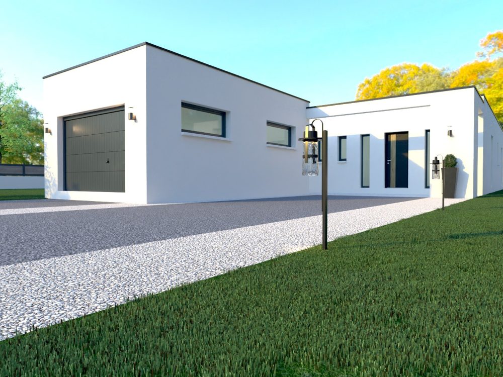 Maison conteneurs moderne, façade avec garage intégré et entrée, ossature métallique légère.