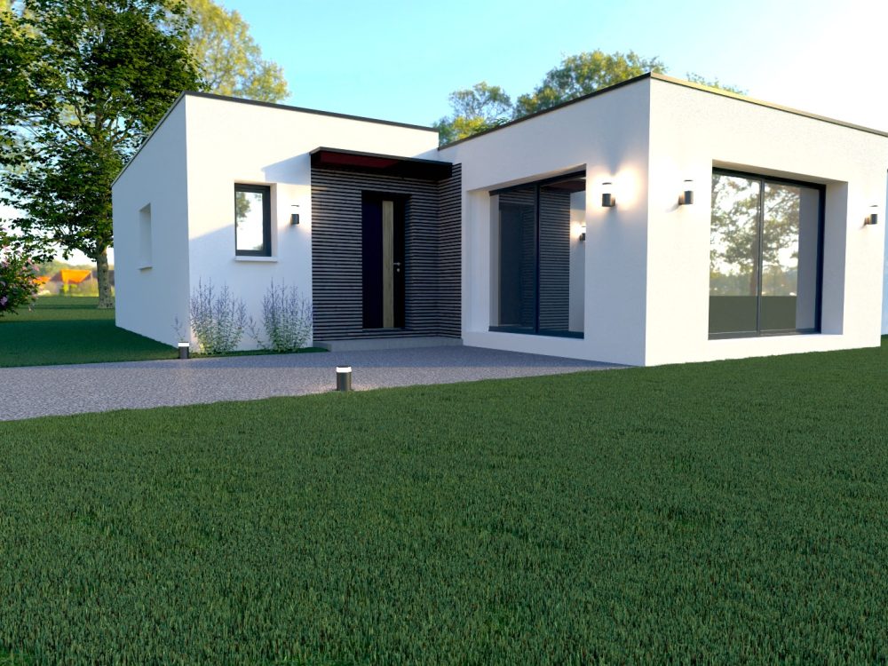 Maison X LSF 001 de plain-pied, vue d’angle avec entrée abritée, bardage foncé, grande baie vitrée et cheminement extérieur.