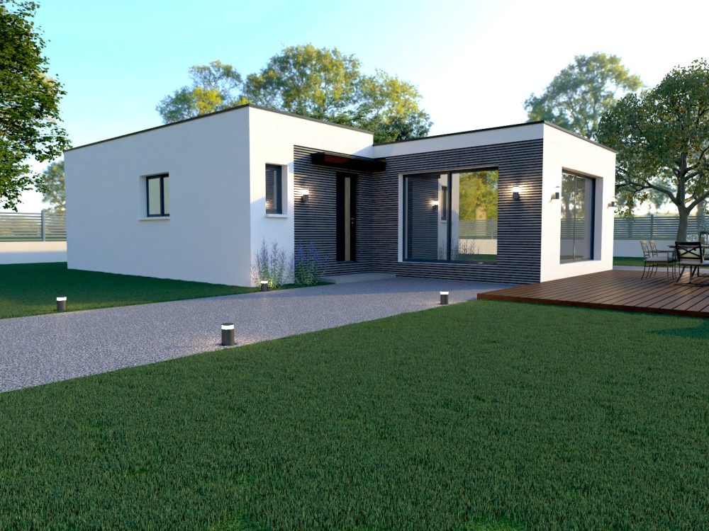 Maison X LSF 001, vue façade d’angle avec entrée sous auvent, bardage foncé et grande baie vitrée en retour.