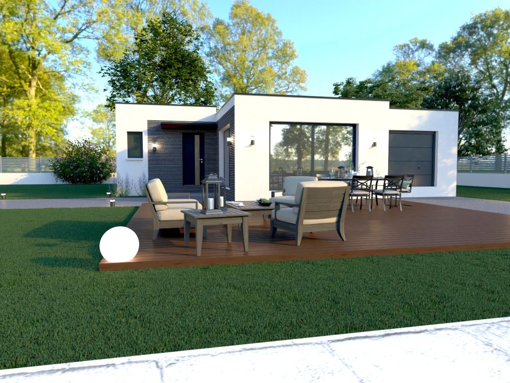 Maison X LSF 001, vue jardin avec grande terrasse bois, salon et table extérieure, baie vitrée panoramique et garage intégré.