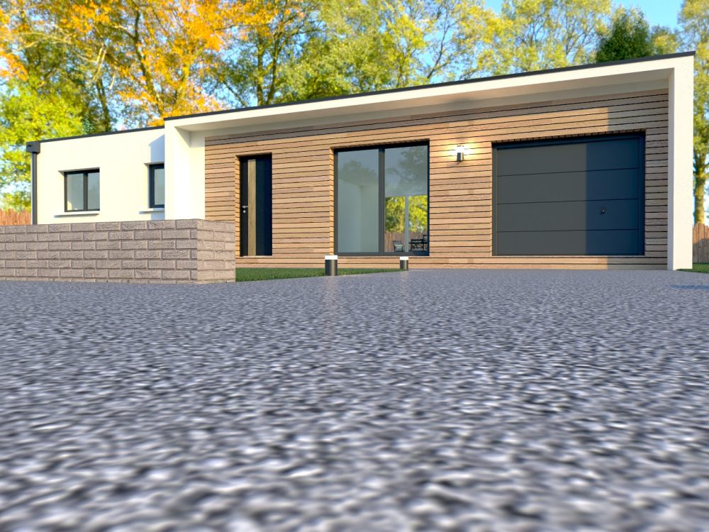 Maison X LSF 002 de plain-pied, vue façade avec garage intégré, bardage bois, grande baie vitrée et entrée mise en valeur.