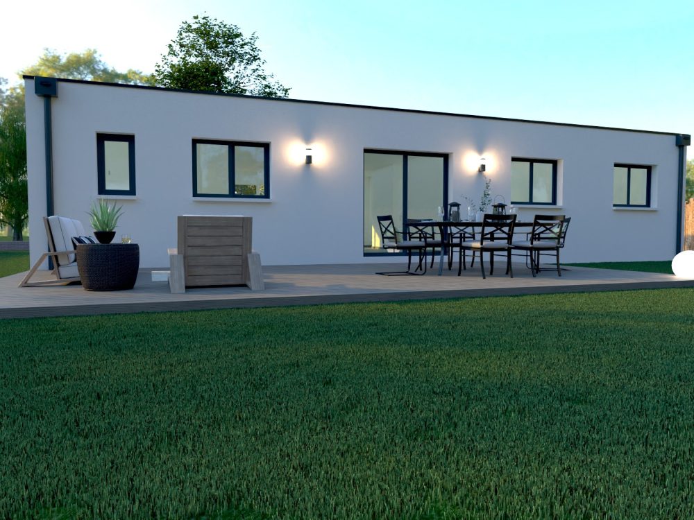 Maison X LSF 002 de plain-pied, vue jardin avec grande terrasse bois, espace repas extérieur, baies vitrées et éclairages de façade.