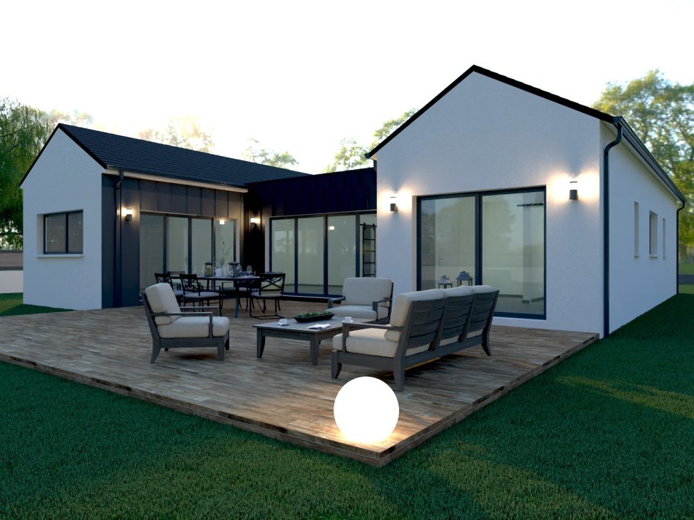 Maison X LSF 003, vue terrasse en bois avec salon extérieur, grandes baies vitrées et volumes à double pignon.