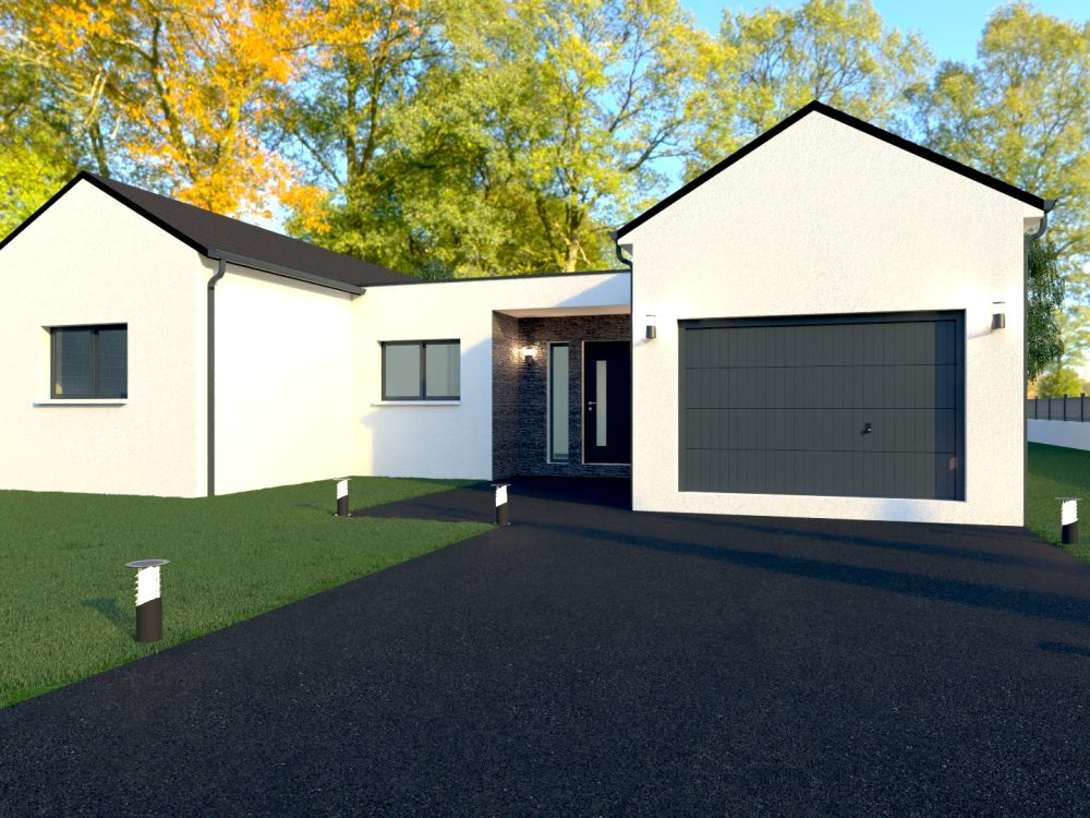 Maison X LSF 003, vue façade en perspective avec allée, éclairages extérieurs, porche d’entrée et garage sous volume pignon.
