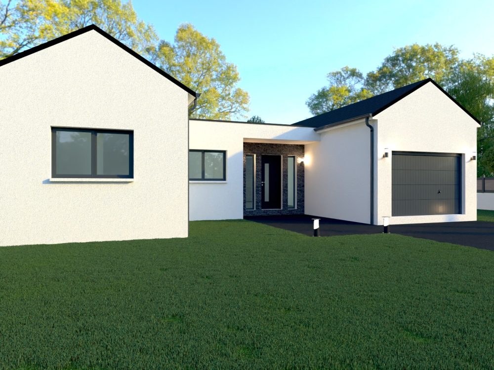 Maison X LSF 003, vue façade avec entrée en retrait, garage intégré, toitures à deux pentes et volumes épurés.