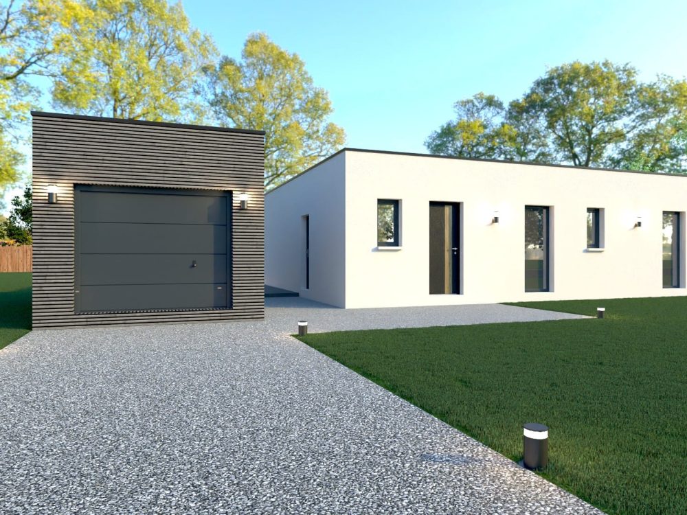 Maison X LSF 004, vue avant avec garage intégré habillé de bardage horizontal anthracite, façade blanche et accès par allée en gravier.