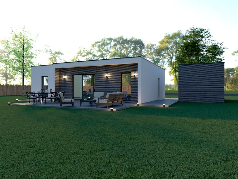 Maison X LSF 004, vue arrière sur grande terrasse avec salon d’extérieur, façade blanche et volume en bardage horizontal anthracite.