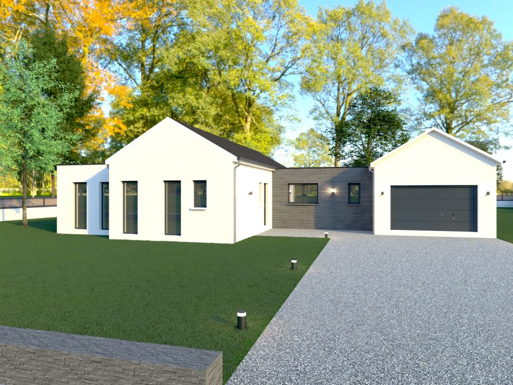 Maison X LSF 005, vue avant avec volumes à toitures double pente, liaison centrale en bardage anthracite et garage à droite, accès par allée en gravier.