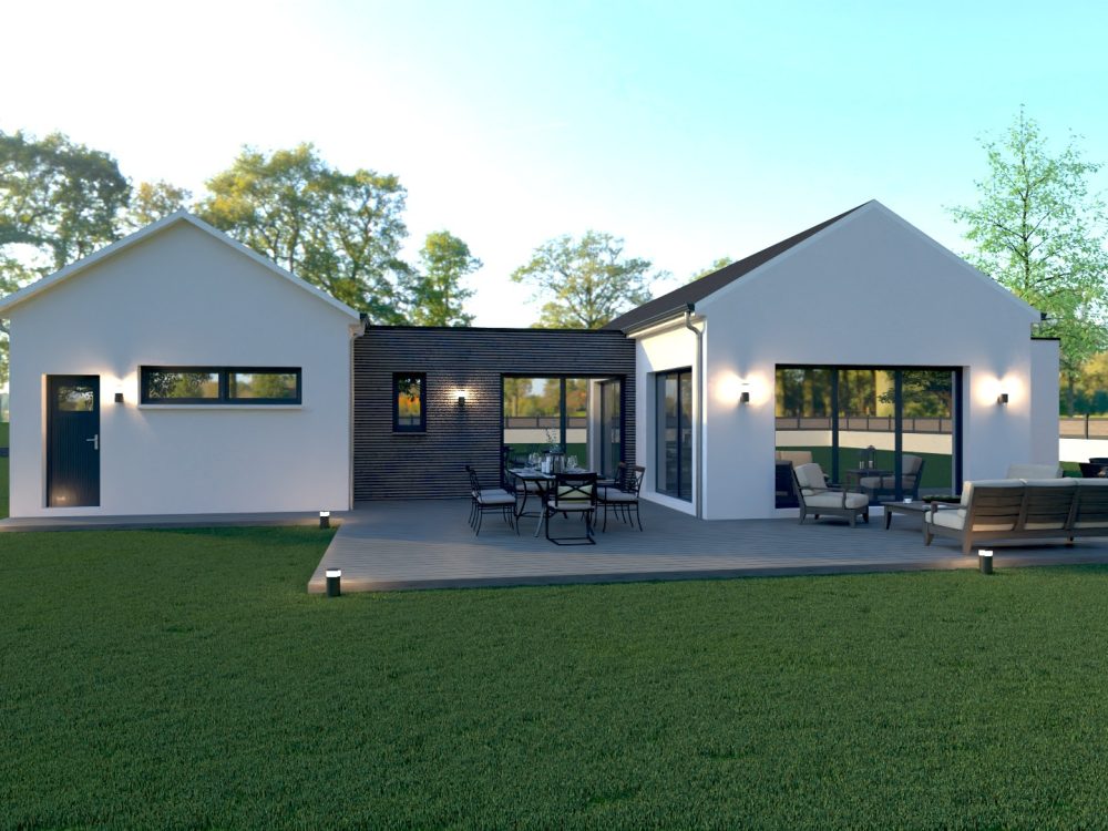 Maison X LSF 005, vue arrière sur grande terrasse avec coin repas et salon, façades blanches à pignons et bandeau central en bardage anthracite.