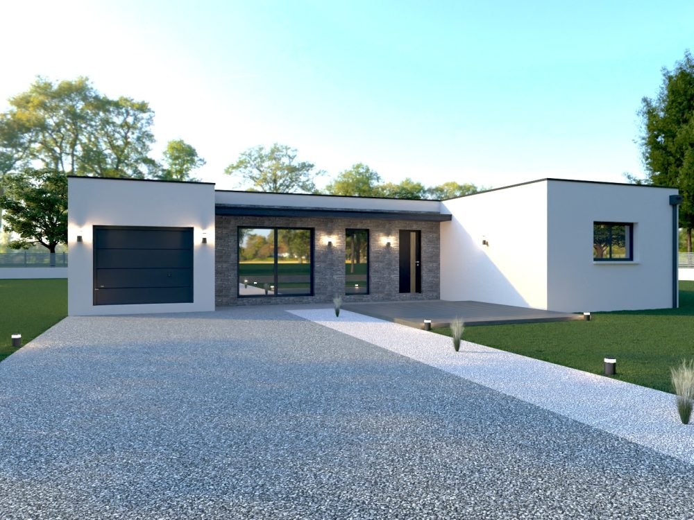 Maison X LSF 006, vue avant avec garage à gauche, façade centrale en parement pierre et entrée sur terrasse en bois, accès par allée en gravier.