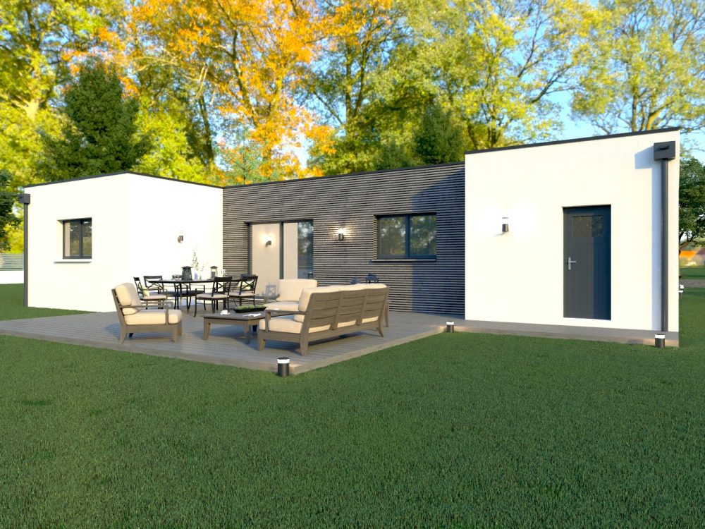 Maison X LSF 006, vue arrière avec terrasse et mobilier extérieur, volumes blancs reliés par un bandeau central en bardage horizontal anthracite.