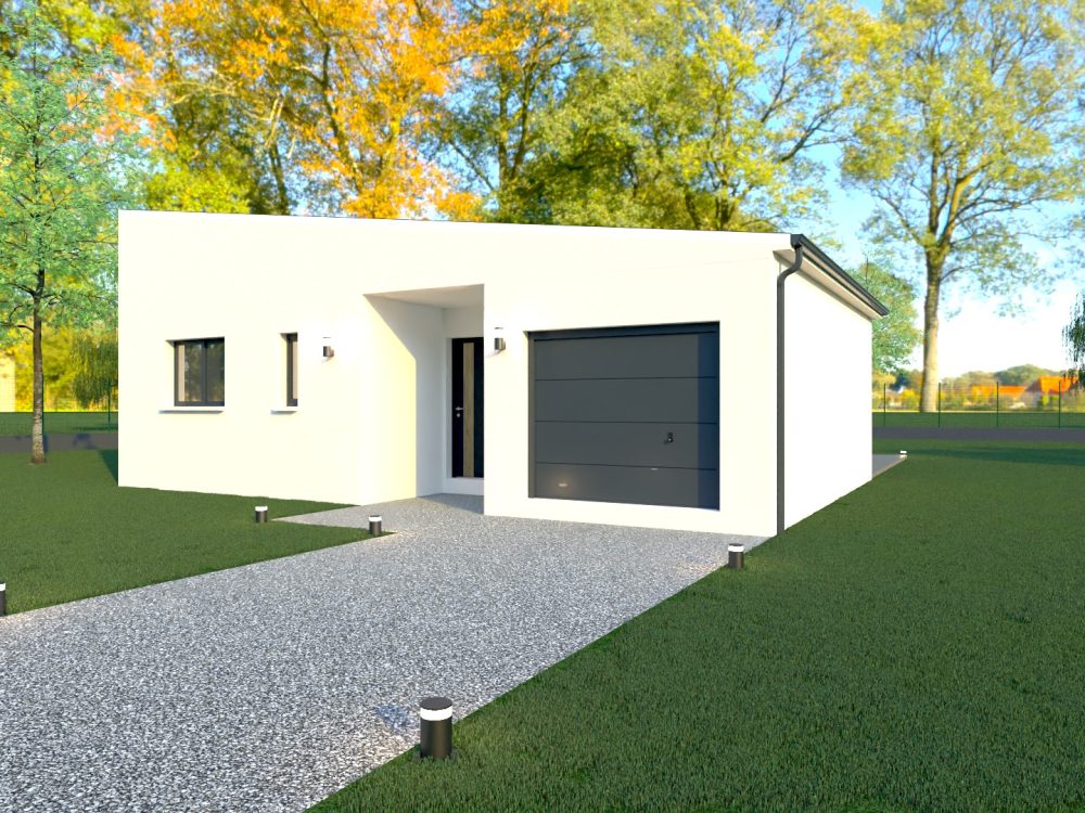 Maison X LSF 007, vue façade avant plain-pied avec garage intégré, entrée en retrait et allée minérale.