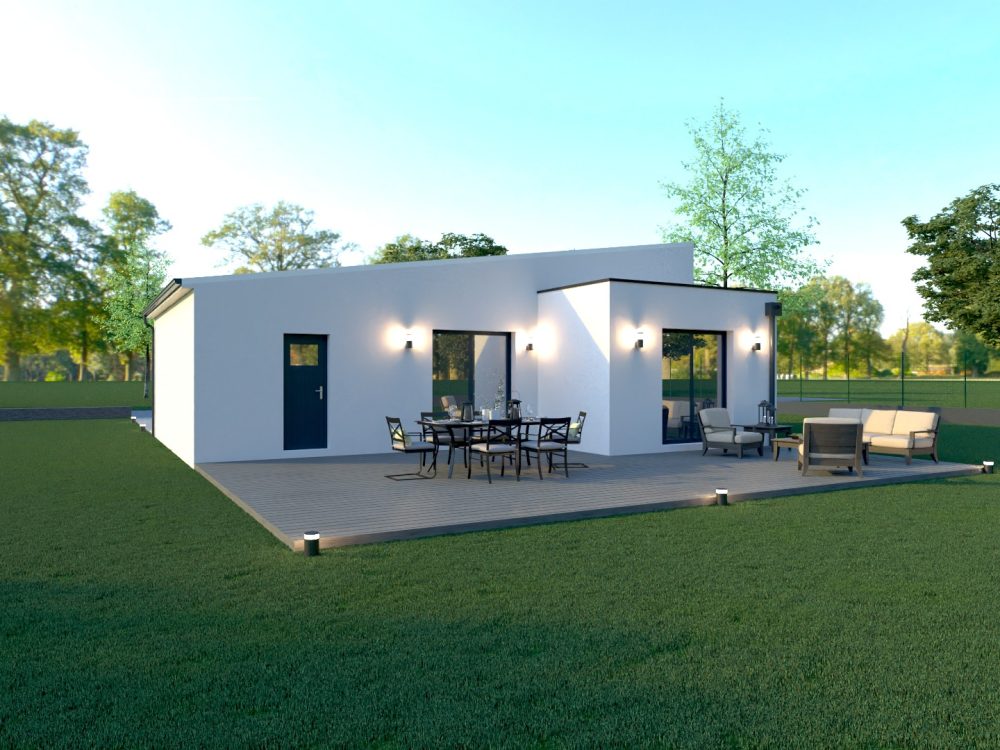 Maison X LSF 007, vue terrasse côté jardin avec grande plateforme bois, coin repas et salon extérieur, éclairages muraux et baies vitrées.