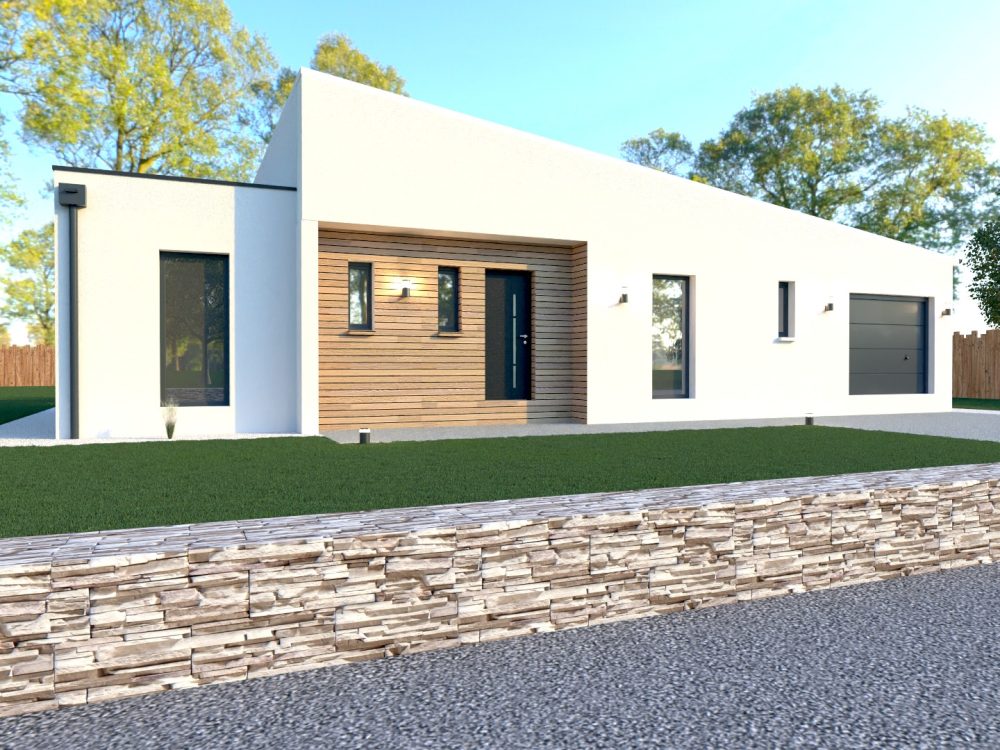 Maison X LSF 008, vue façade avant plain-pied avec entrée en retrait habillée bois, lignes contemporaines et muret en pierre.