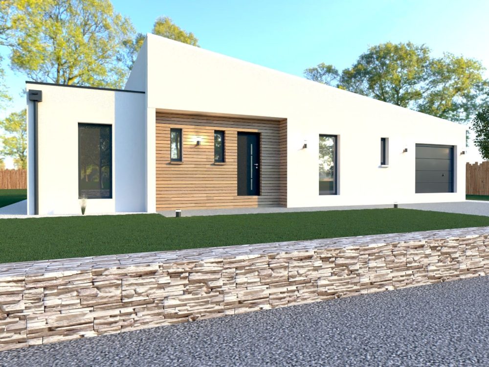 Maison X LSF 008, vue façade avant plain-pied avec entrée en retrait habillée bois, lignes contemporaines et muret en pierre.