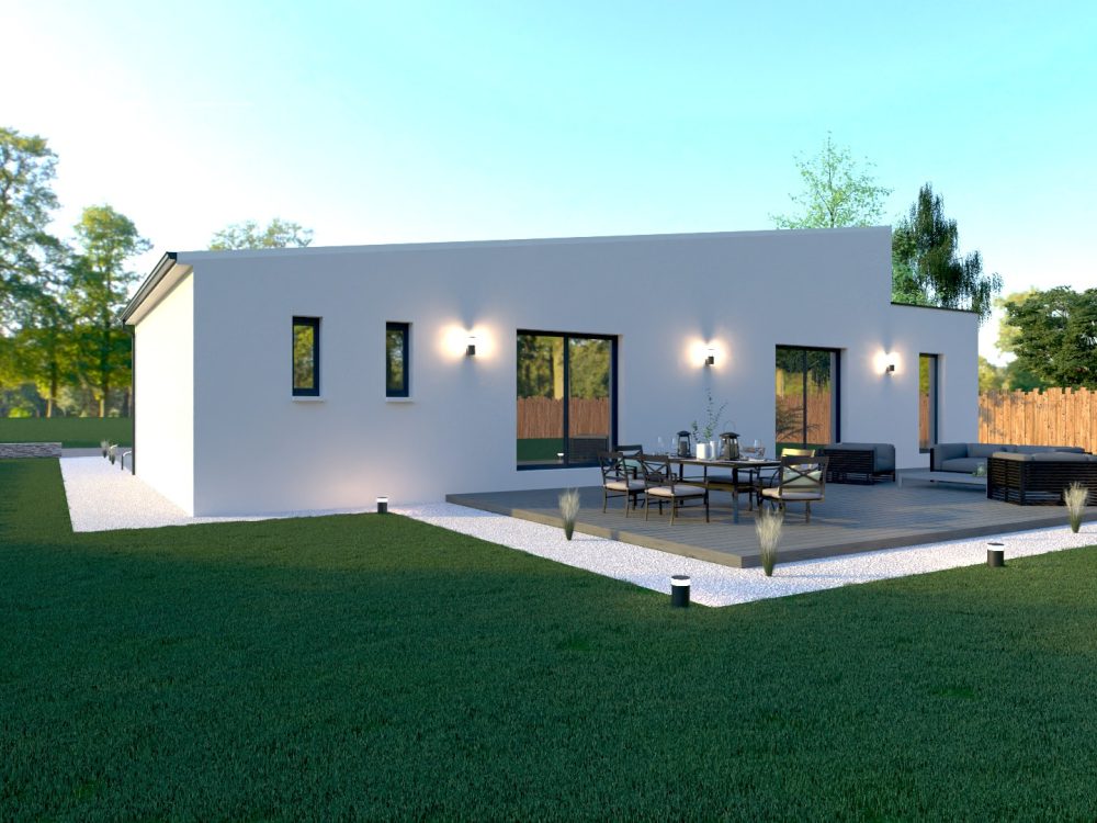 Maison X LSF 008, vue terrasse côté jardin avec deck, espace repas, coin salon et grandes ouvertures sur l’extérieur.