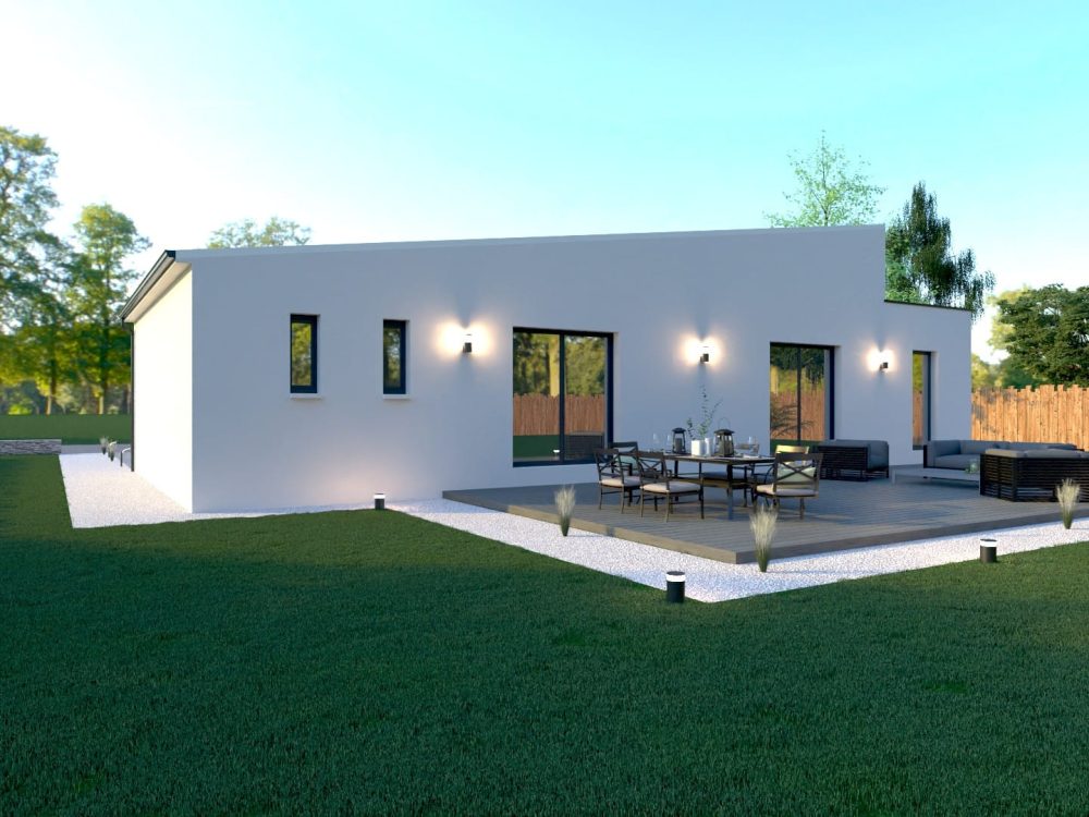 Maison X LSF 008, vue terrasse côté jardin avec deck, espace repas, coin salon et grandes ouvertures sur l’extérieur.