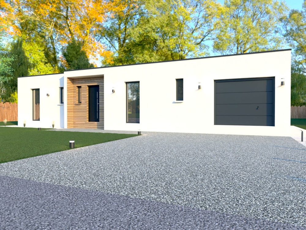 Maison X LSF 009, vue façade avec grande allée d’accès, entrée habillée bois et garage intégré à droite.