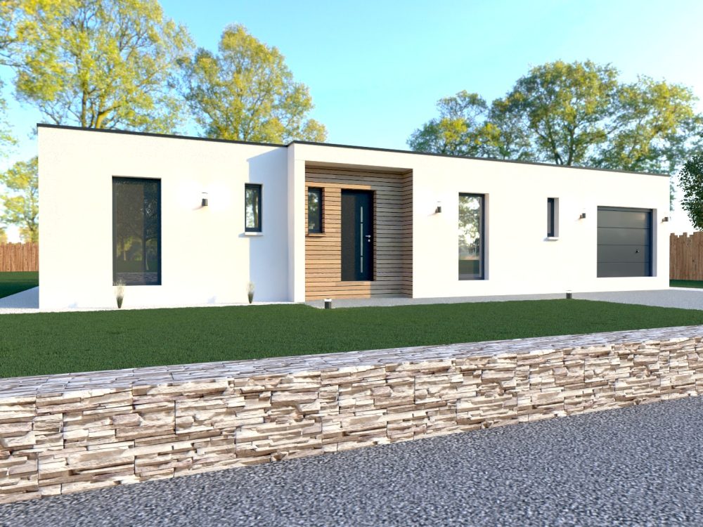 Maison X LSF 009, vue façade avant plain-pied avec entrée en retrait habillée bois, garage intégré et muret en pierre.