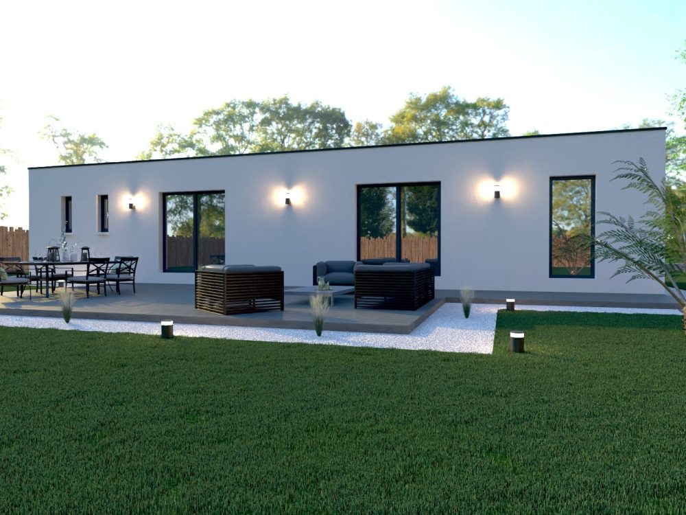 Maison X LSF 009, vue terrasse côté jardin avec coin repas et salon extérieur, grandes baies vitrées et façade lumineuse.