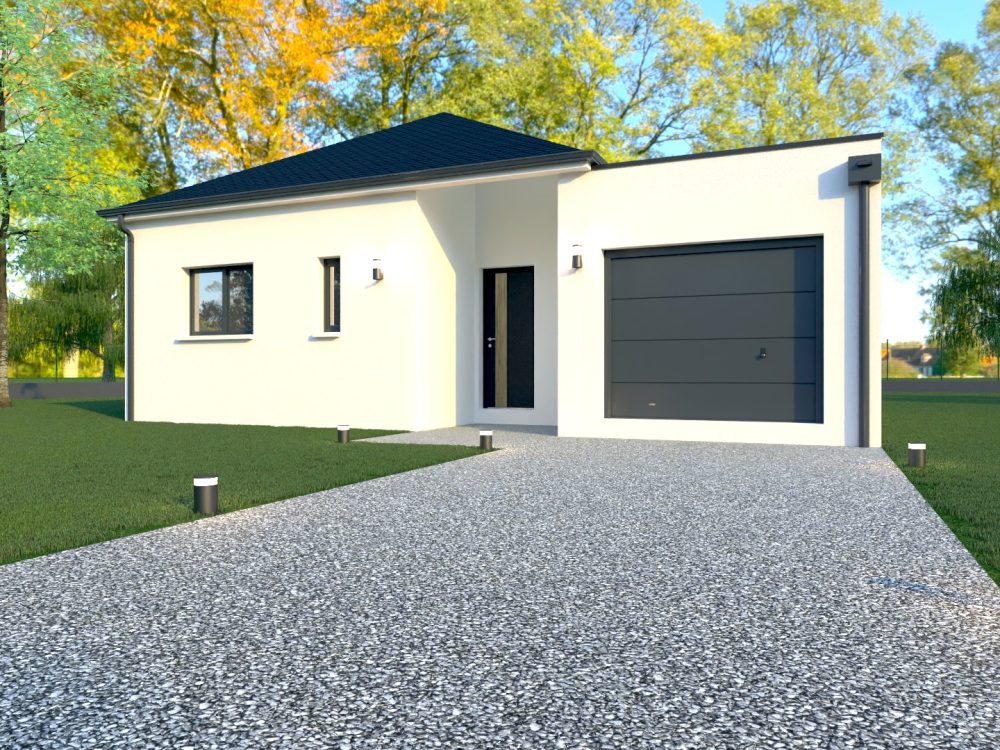 Maison X LSF 010, vue façade avant avec garage intégré, entrée en retrait et allée d’accès.