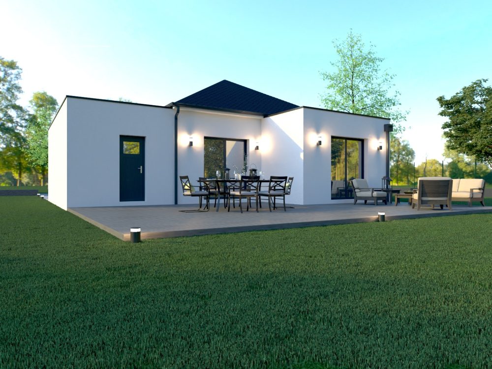 Maison X LSF 010, vue terrasse avec coin repas et salon extérieur, grandes baies vitrées et volumes contemporains.