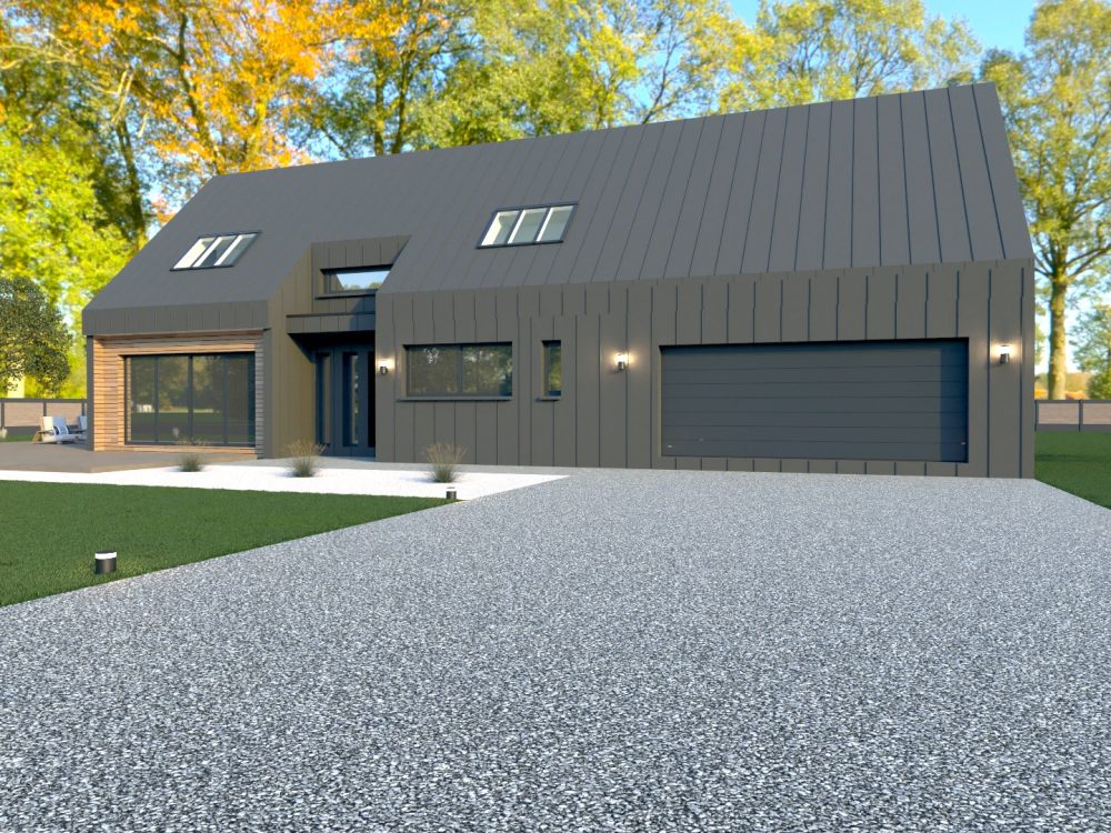 Maison X LSF 011, vue façade avant avec garage intégré, bardage foncé et touches bois, lignes modernes.