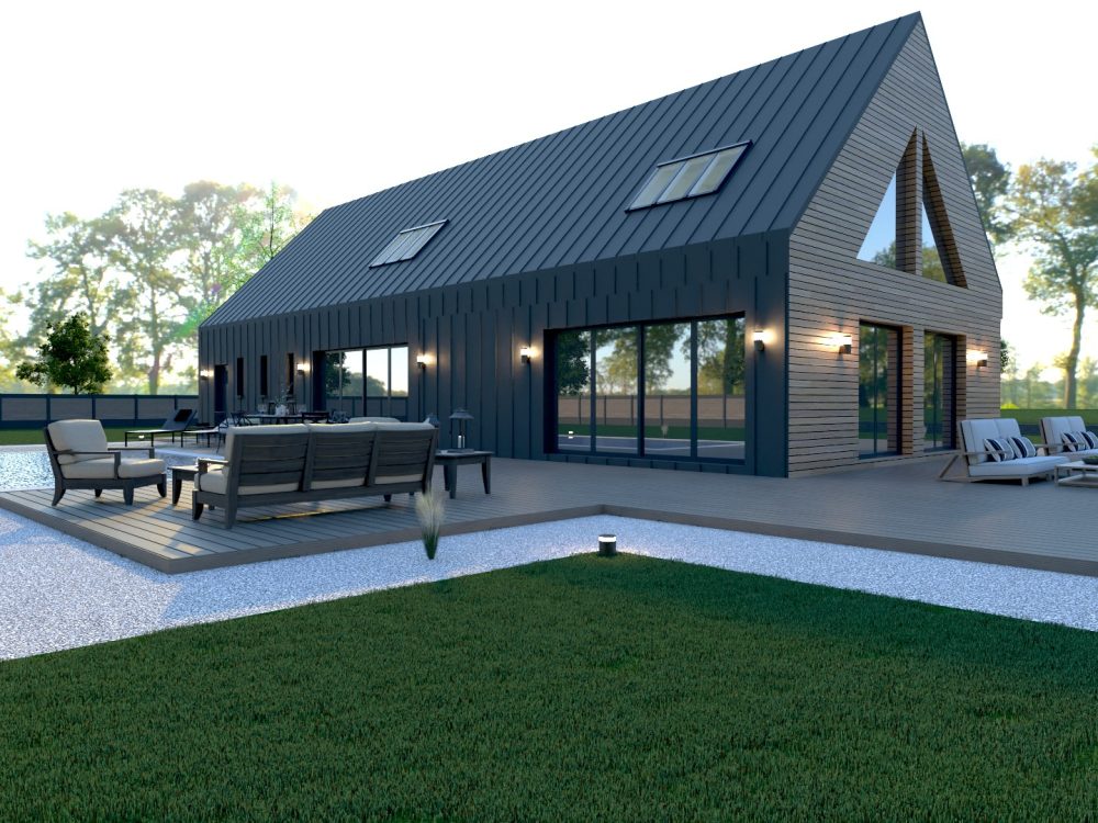 Maison X LSF 011, vue jardin avec piscine, terrasse aménagée et façade vitrée sous toiture deux pans.