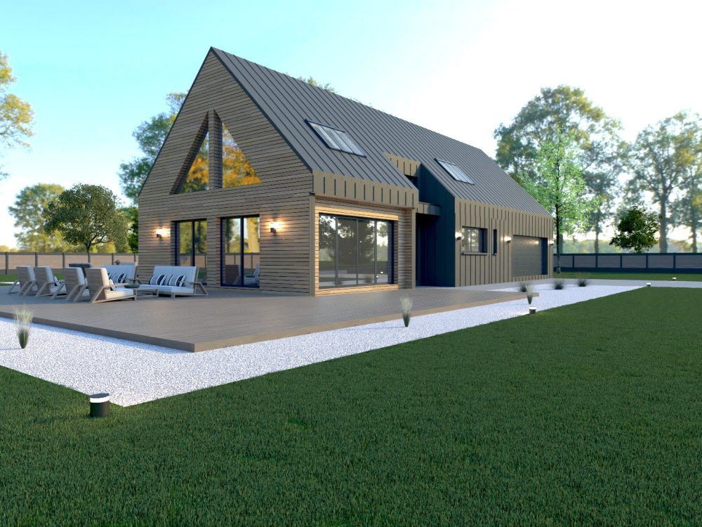 Maison X LSF 011 style grange, vue terrasse bois avec grandes baies vitrées et bardage bois contemporain.