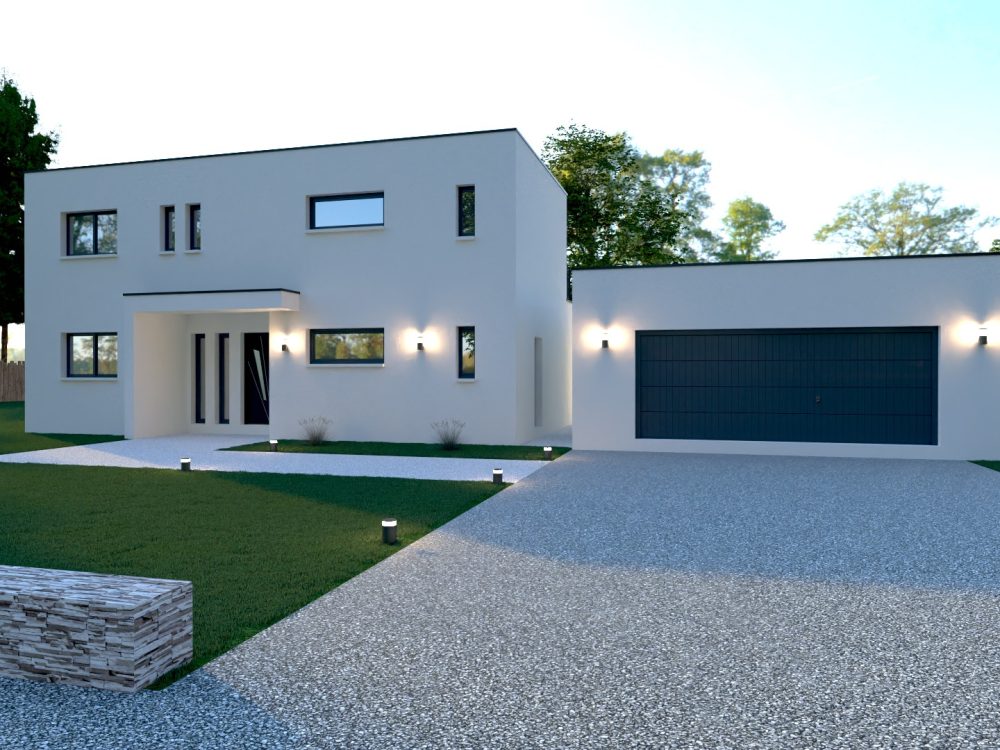 Maison X LSF 013, vue façade avant avec volume étage et grand garage attenant, style contemporain.