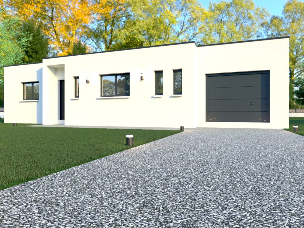 Maison X LSF 013, vue façade avant avec entrée en retrait, lignes modernes et garage intégré.