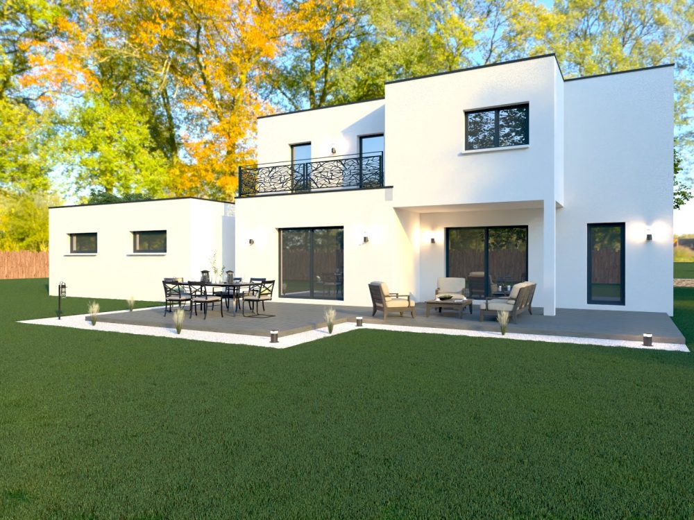 Maison X LSF 013, vue côté jardin avec terrasse, grandes baies vitrées et balcon à garde-corps.