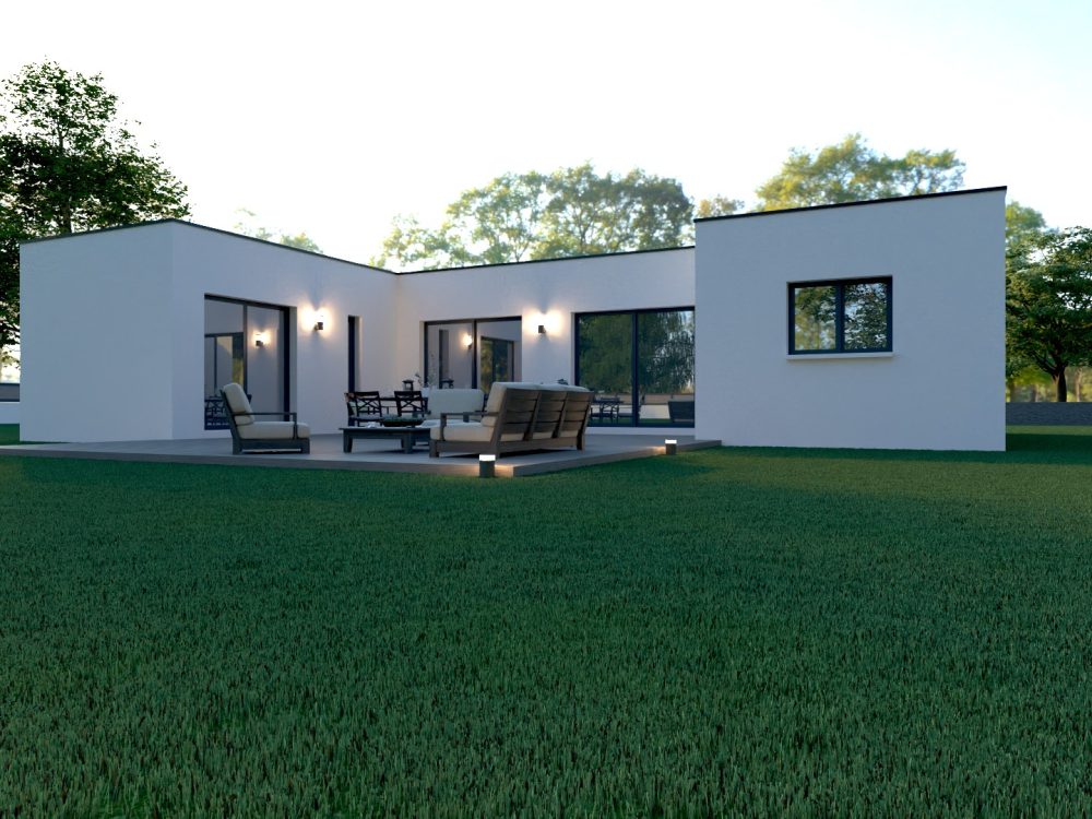 Maison X LSF 013, vue côté jardin avec terrasse aménagée, volumes en L et grandes ouvertures vitrées.