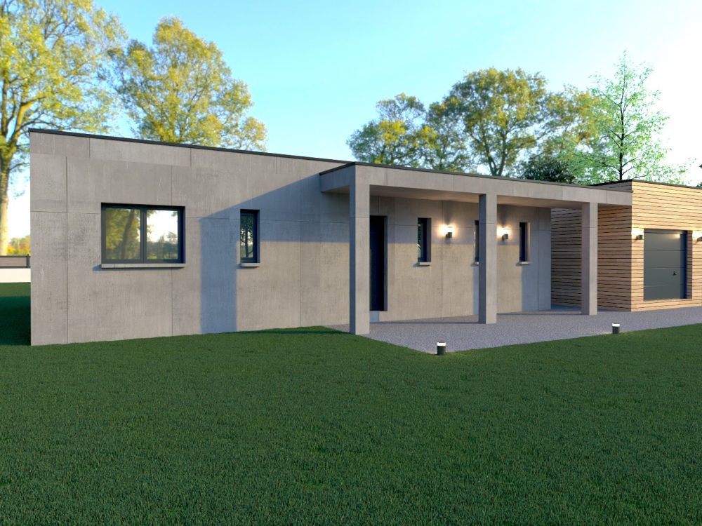 Maison X LSF 014, vue façade avant avec porche couvert, volumes contemporains et garage habillé bois.