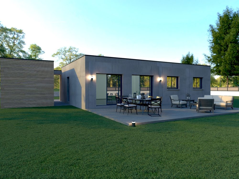 Maison X LSF 014, vue terrasse avec espace repas extérieur, grandes ouvertures et volumes modernes sur jardin.