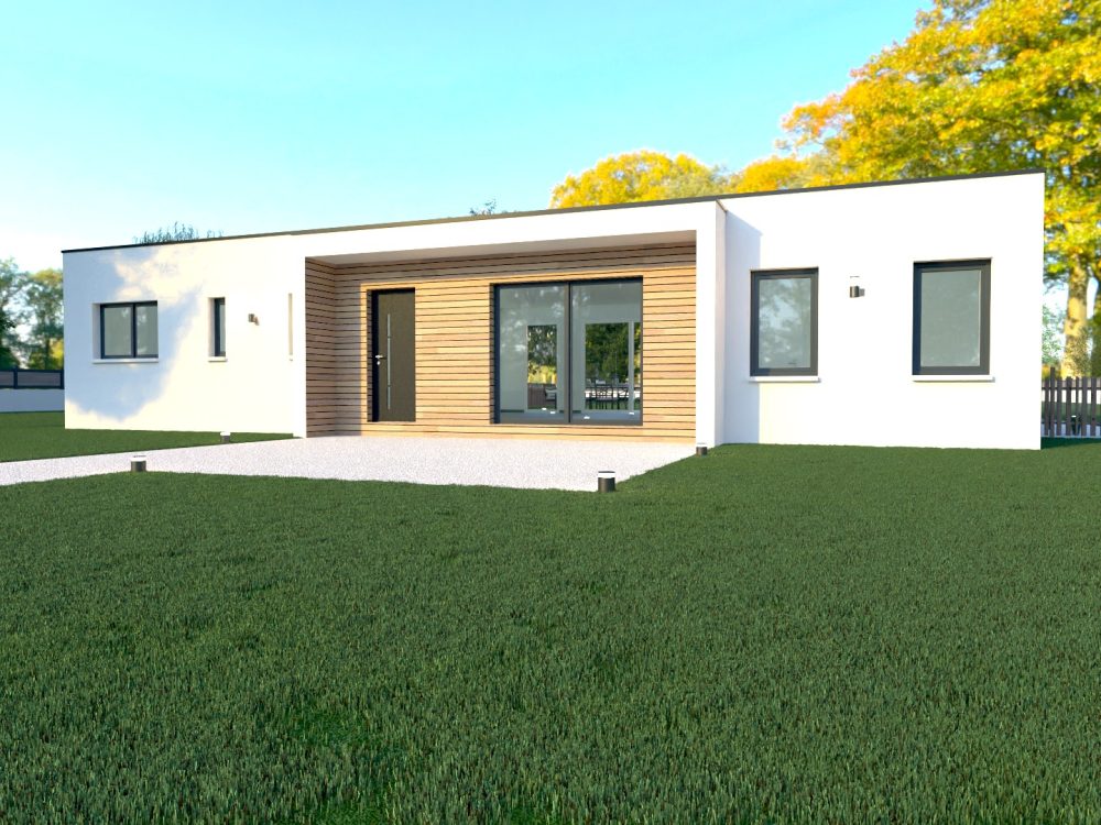 Maison X LSF 015, vue façade avant avec porche habillé bois, porte d’entrée moderne et fenêtres horizontales.