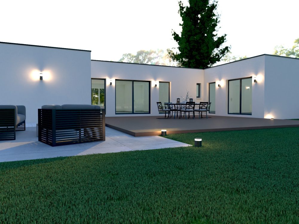 Maison X LSF 015, vue façade avant avec porche habillé bois, porte d’entrée moderne et fenêtres horizontales.