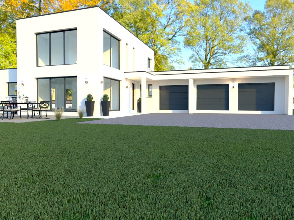 Maison X LSF 016, vue avant avec grand volume vitré, façade blanche contemporaine et garages alignés.