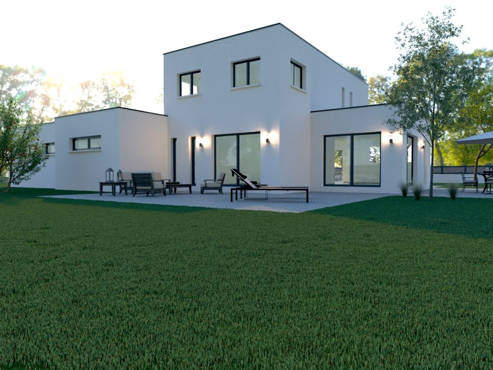 Maison X LSF 016, vue jardin avec volumes cubiques blancs, grandes baies vitrées et espace détente sur terrasse.