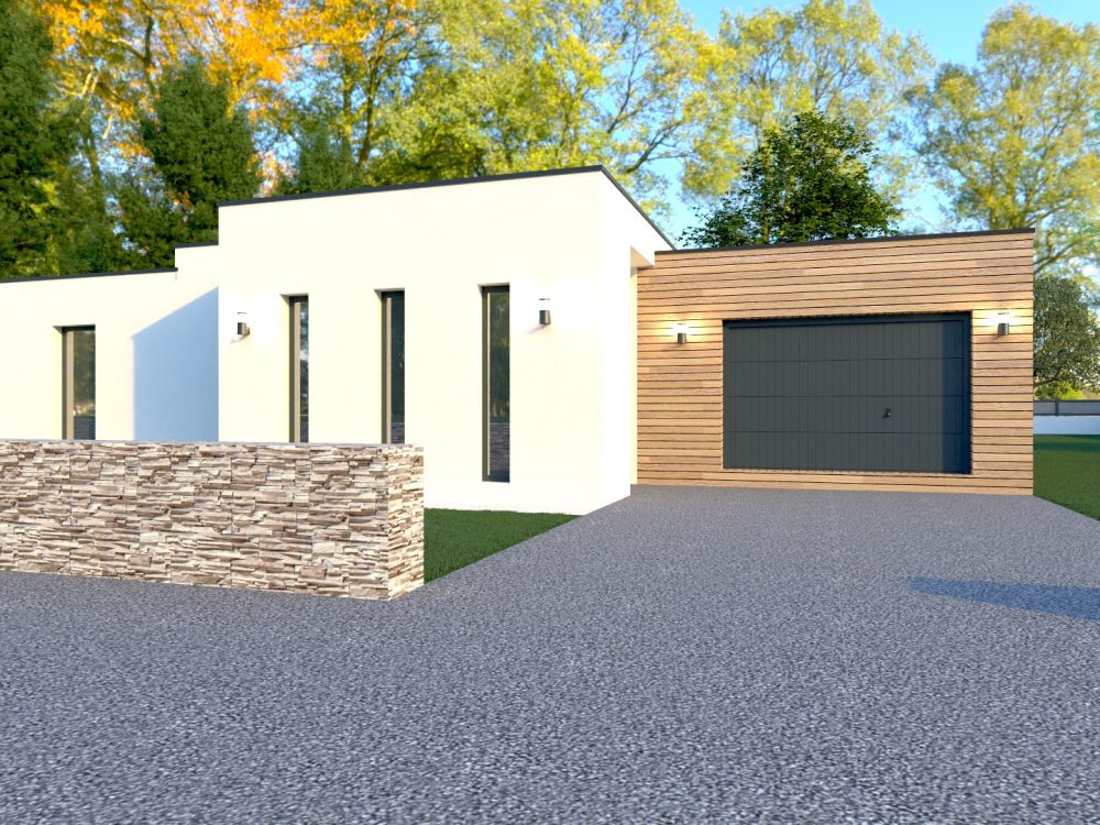 Maison X LSF 017, vue avant avec garage habillé bois, façade blanche épurée et muret en pierre.