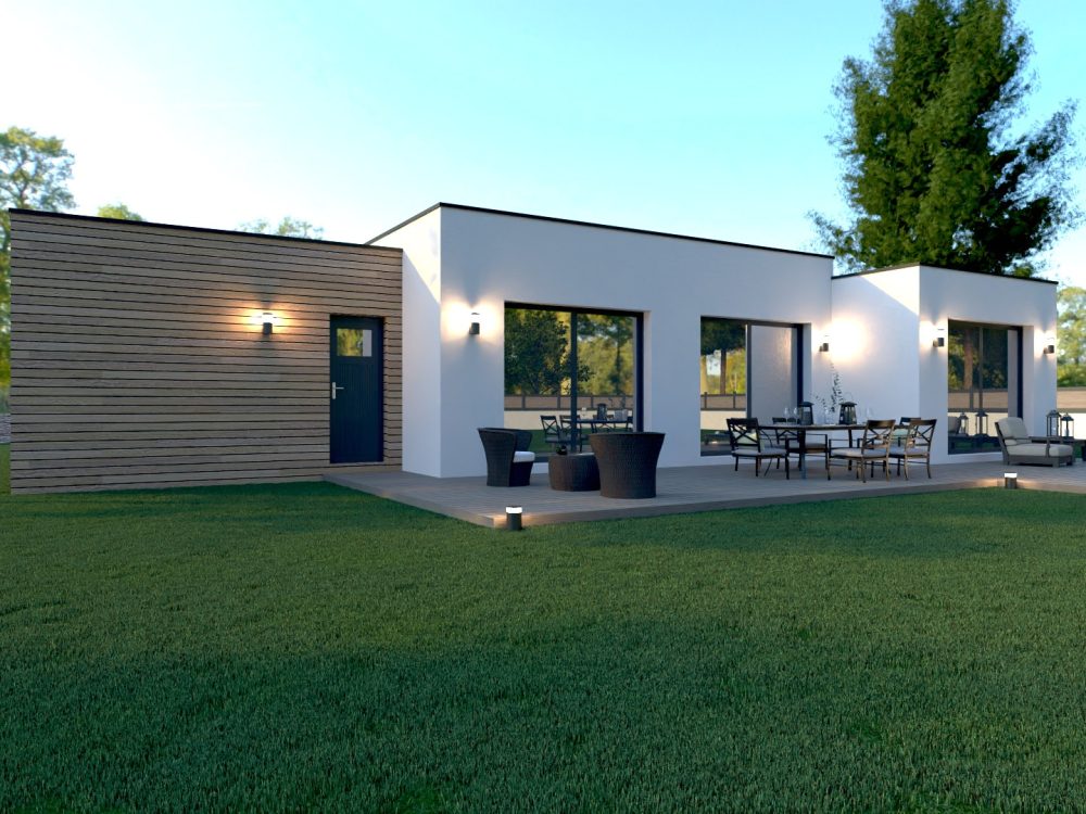 Maison X LSF 017, vue terrasse sur jardin avec volumes blancs, bardage bois latéral et grandes baies vitrées.