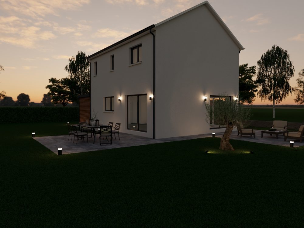 Maison X LSF 019, vue arrière jardin au crépuscule avec terrasses, coin repas et coin détente.